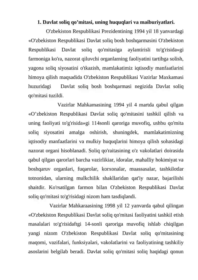Davlat soliq qo’mitasi, uning huquqlari va maiburiyatlari 2