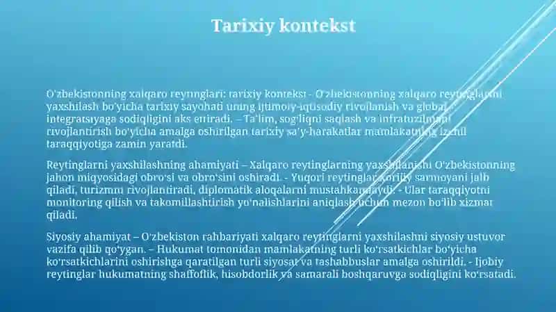 Oʻzbekistonning Xalqaro Reytinglardagi KoʻRsatgichlarini KoʻTarishning Tarixiy Va Siyosiy Ahamiyati 2