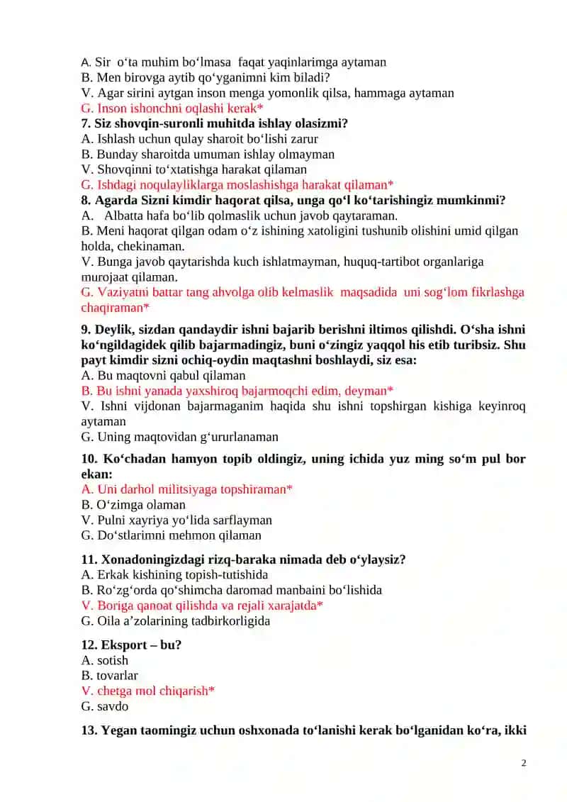BOJXONAGA ISHGA KIRISH UCHUN PSIXOLOGIK TEST SAVOL VA JAVOBLARI 6 BOSQICHDA 2