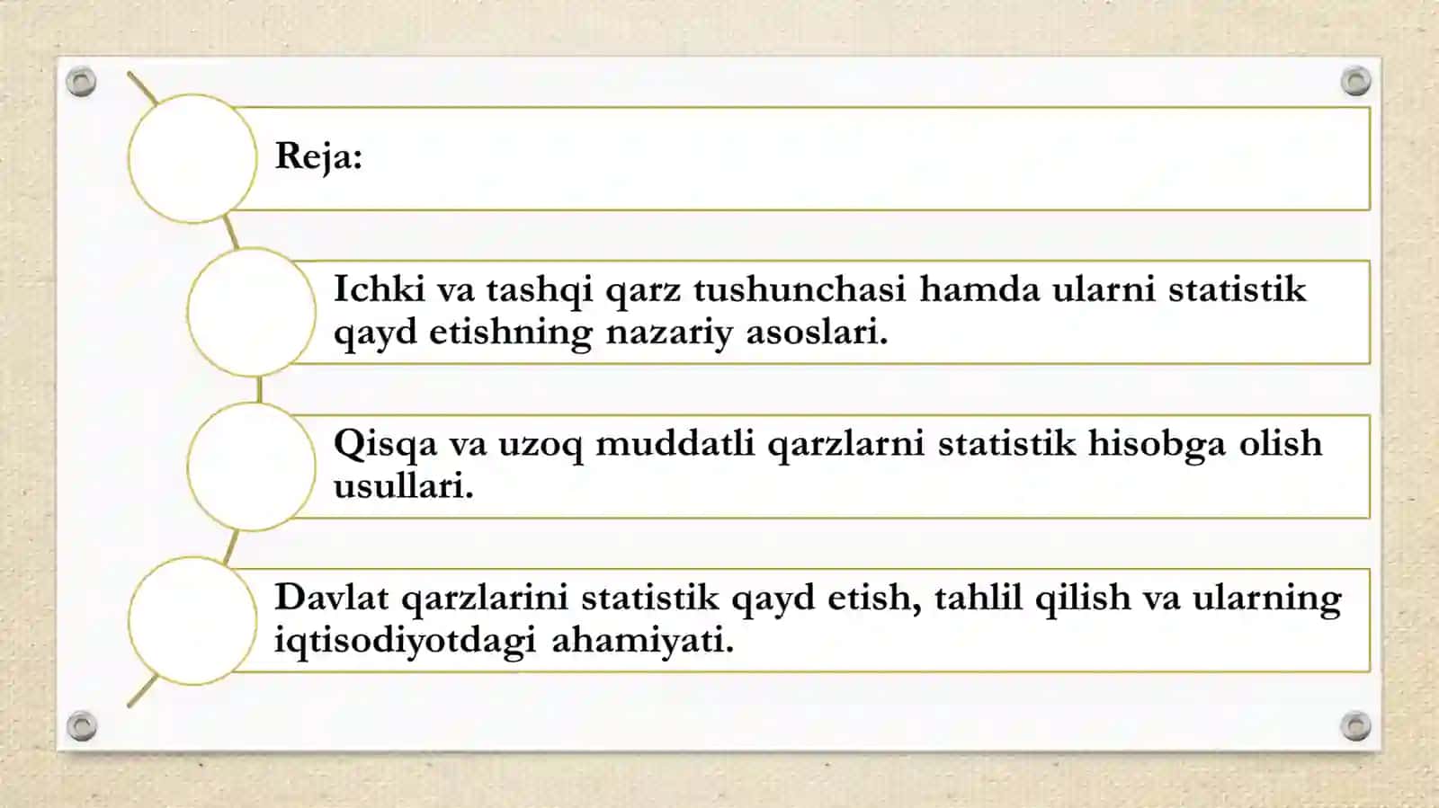 Ichki va tashqi qarz, qisqa va uzoq muddatli qarzni statistik qayd etish. 2