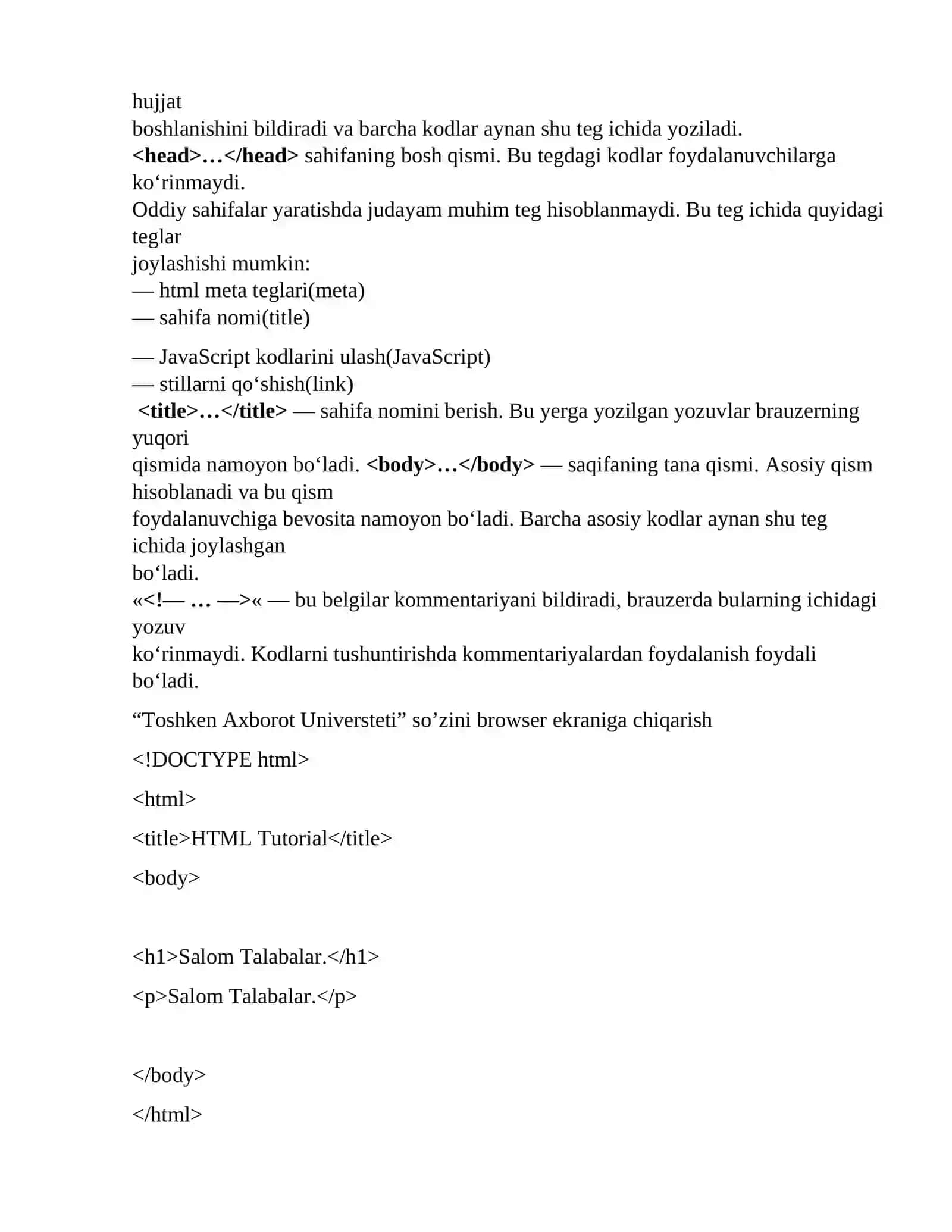 HTML hujjat tuzilishi 2