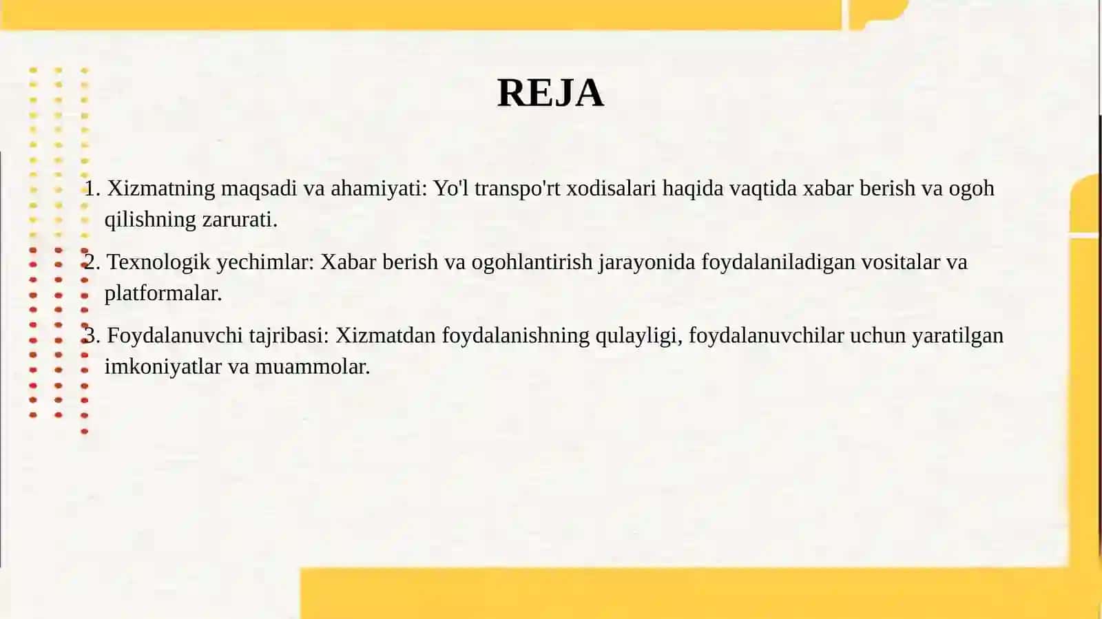 Yo'l transport xodisasi (YTX) to'g'risida o'z vaqtida xabar berish  va ogoxlantirish servisi 2