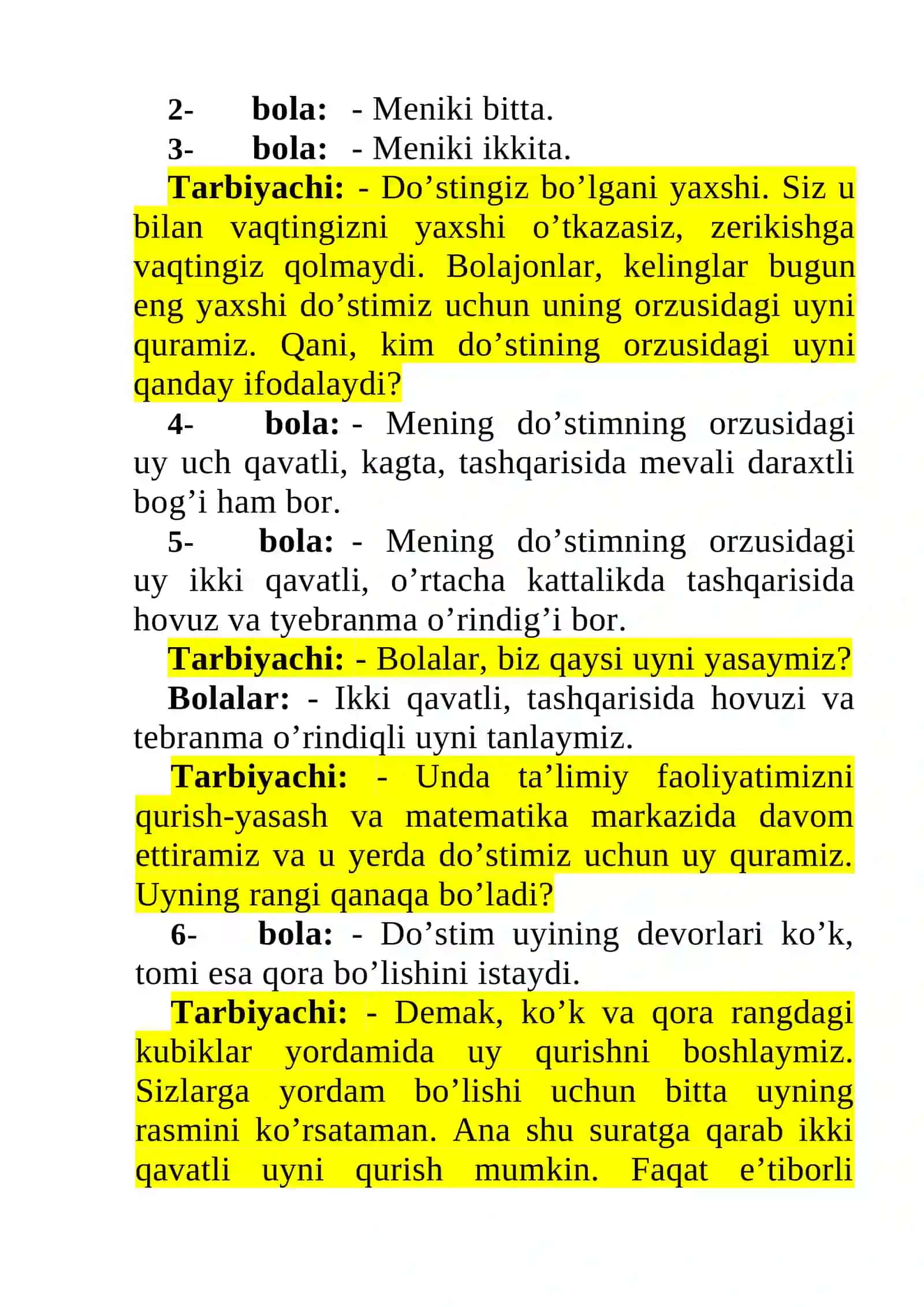 "DO’STIMNING ORZUSIDAGI UY” O’YINI ORQALI SON - SANOQ HAQIDA TUSHUNCHA BERISH 2
