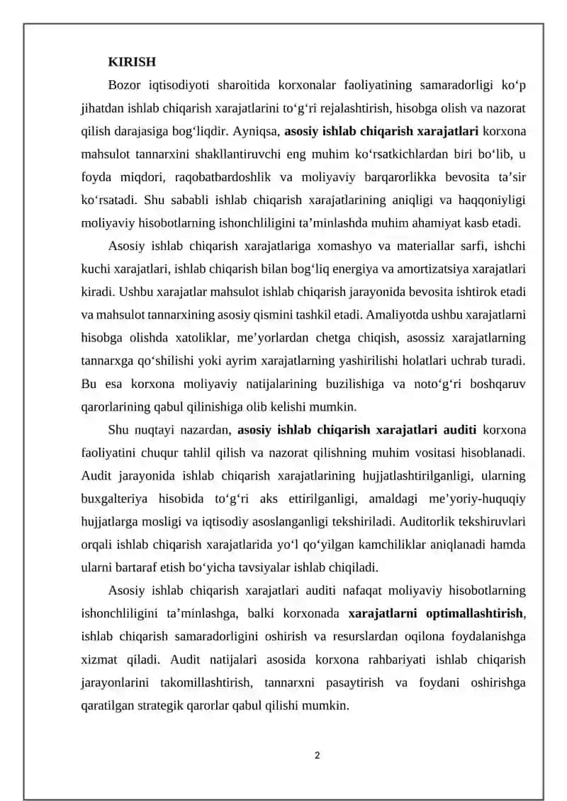 Asosiy ishlab chiqarish xarajatlari auditining maqsadi, vazifalari va axborot manbalari 2