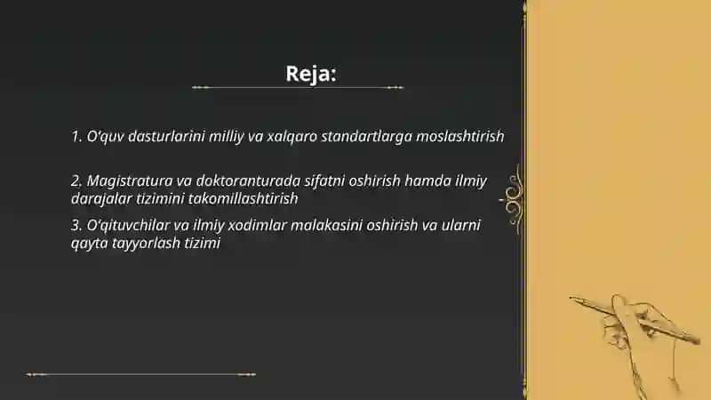 Oʻzbekiston Respublikasida Oliy ta'lim va undan keyingi ta'limning takomillashtirilishi. Murtozayeva Ruxshona 2
