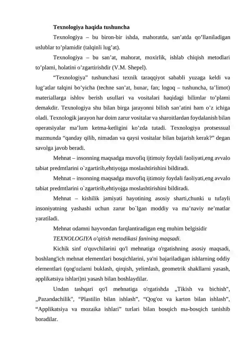 Texnologiya fani darslarining maktabdagi o'rnini aniqlash 2