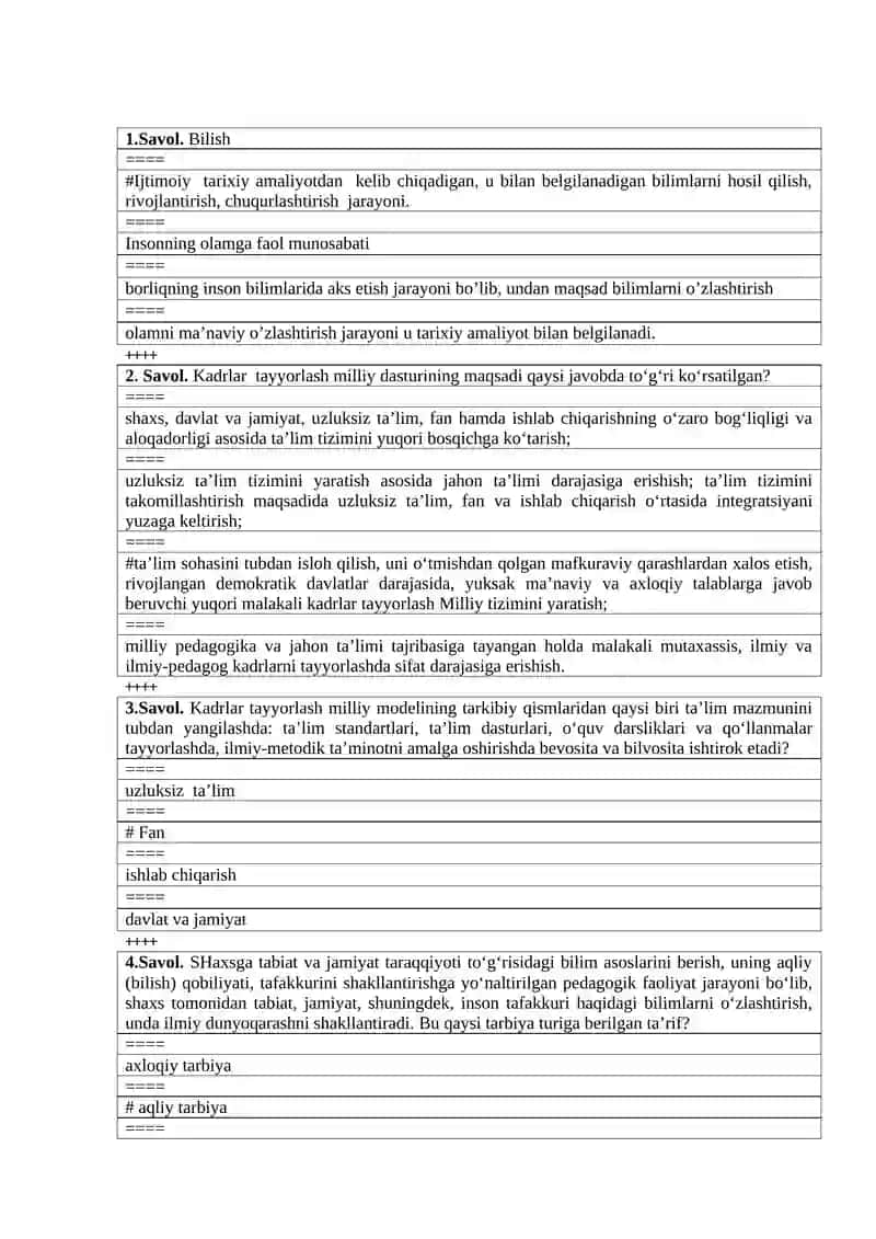 BIOLOGIYA O’QITISH METODIKASI FANIDAN YAKUNIY NAZORAT TEST SAVOLLARI 2