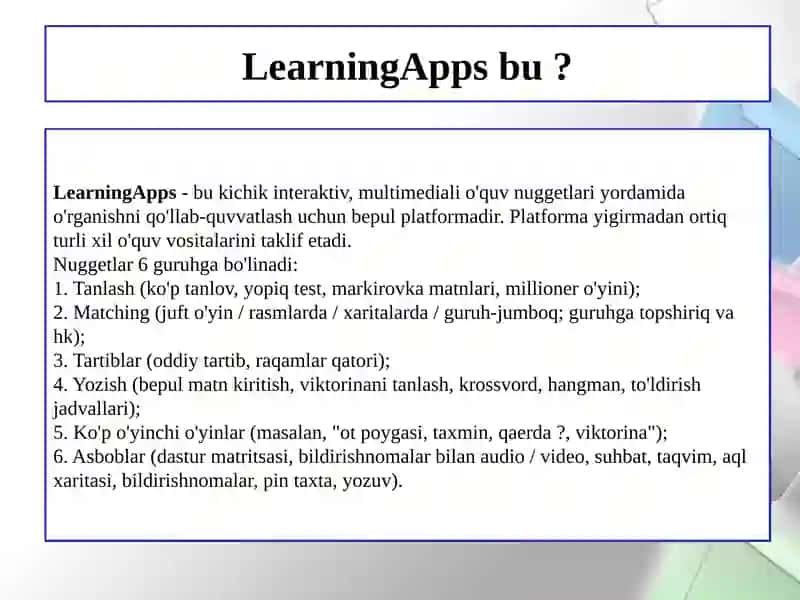 LearningApps interaktive mashqlari: ishlab chiqish va nashr qilish 2