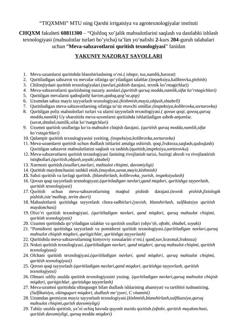 Meva-sabzavotlarni quritish texnologiyasi 2
