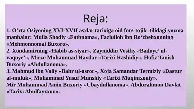 O‘RTA OSIYONING XVI-XVII ASRLAR TARIXIGA OID YOZMA MANBALAR 2