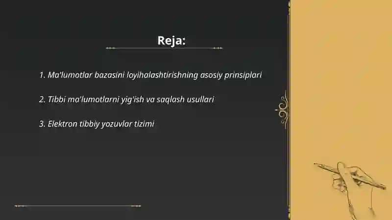 Tibbiyotda ma'lumotlar bazasi loyihalashtirish Mutaxassis shifokorning ma'lumotlar bazasini boshqaruvchi tizimlar 2