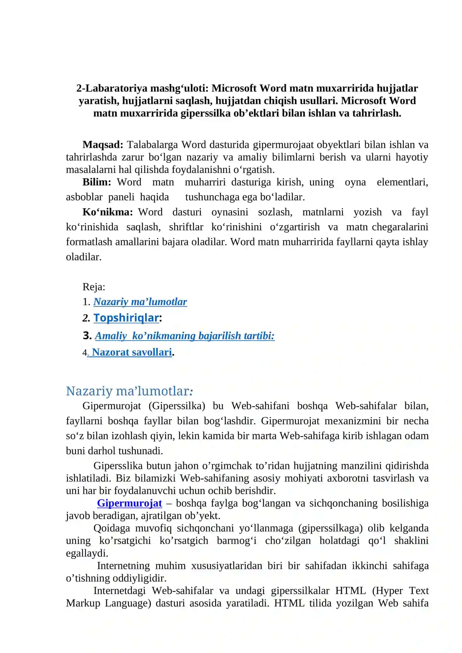 2-Lobaratoriya mashg‘uloti: Microsoft Word 2
