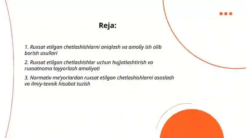 Ruxsat etilgan chetlashishlarbo`yicha amaliy ish olib borish 2