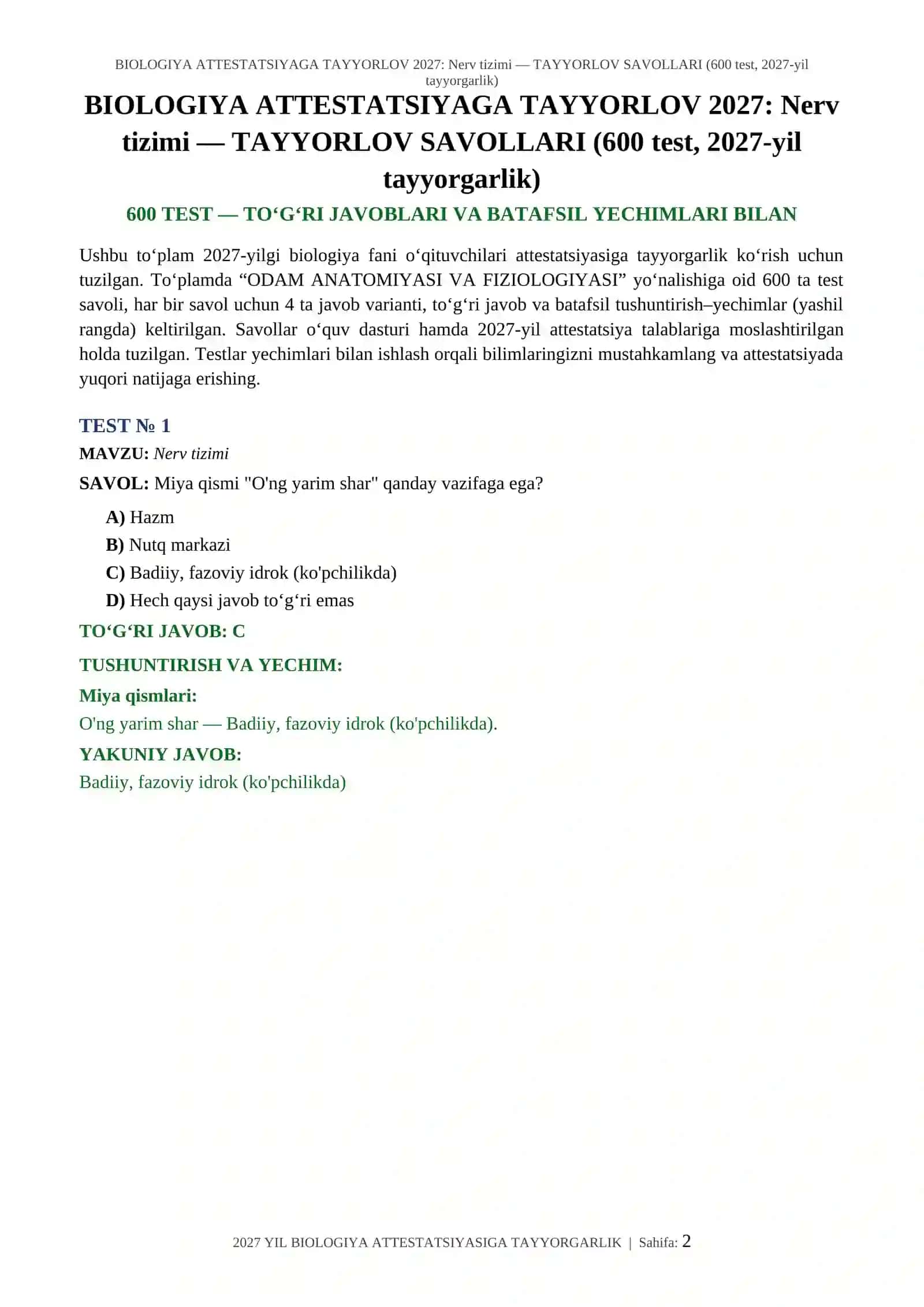 BIOLOGIYA ATTESTATSIYAGA TAYYORLOV 2027: Nerv tizimi — TAYYORLOV SAVOLLARI (600 test, 2027-yil tayyorgarlik) 2