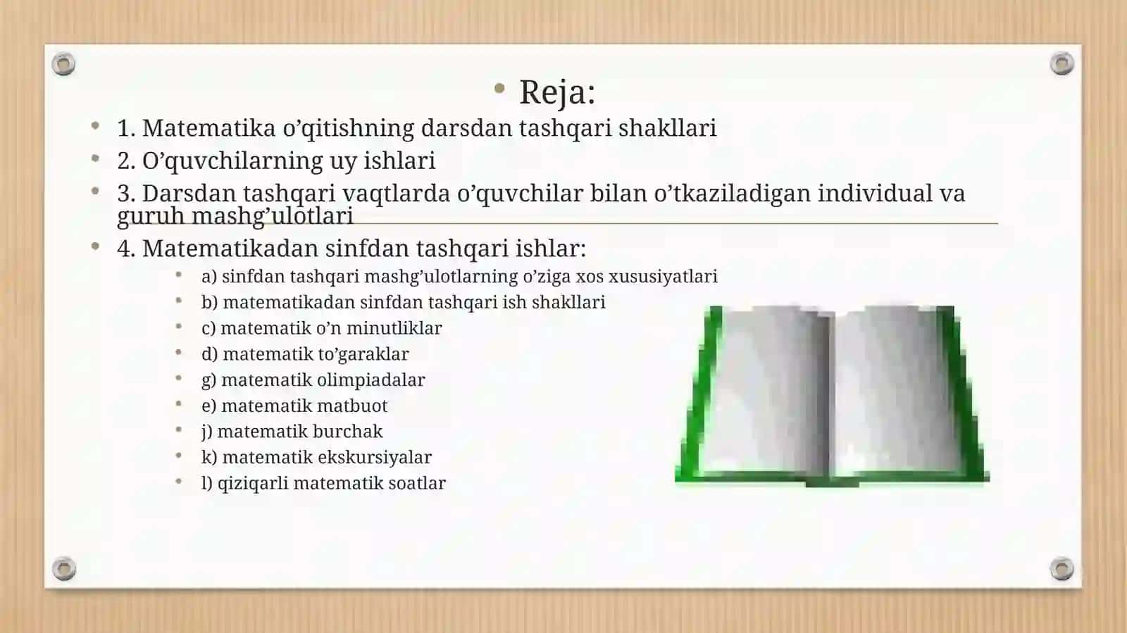 Matematika o’qitishning darsdan tashqarishakllari 2