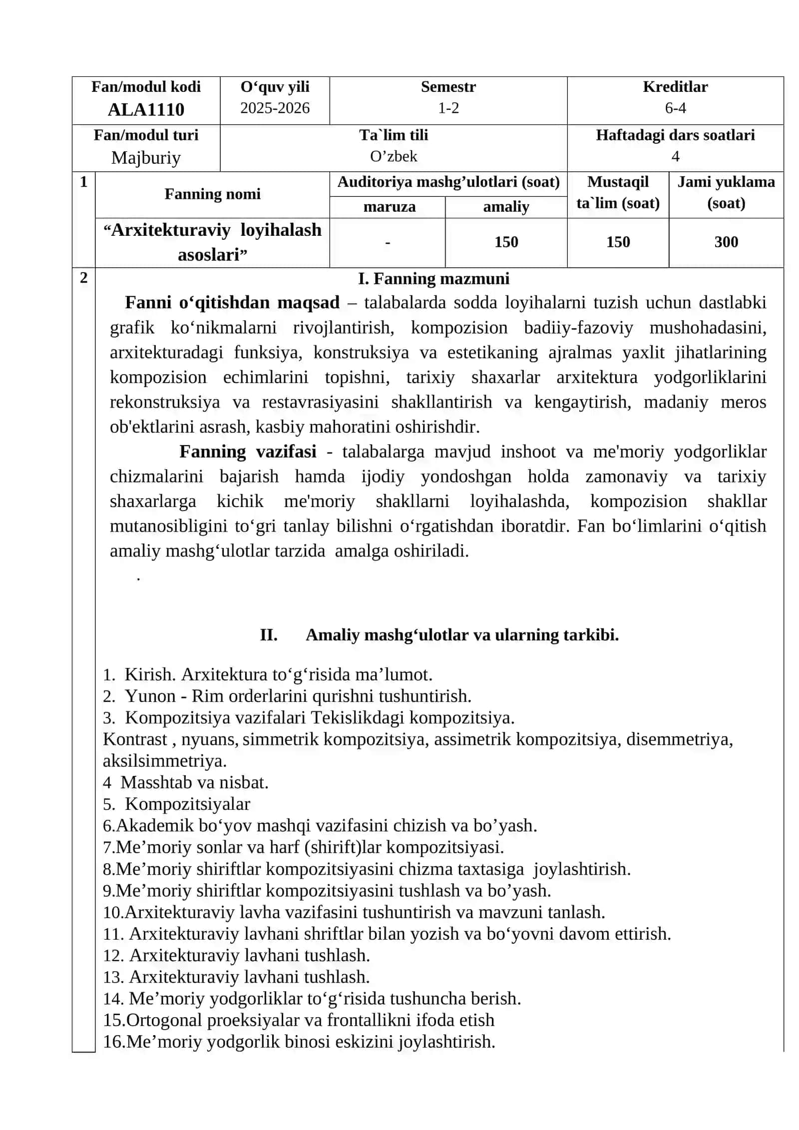 “ARXITEKTURAVIY LOYIHALASH ASOSLARI” Fanining O’QUV DASTURI 2