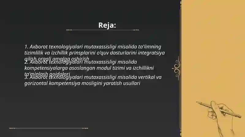 Ta’limning tizimlilik va izchillik prinsplarini amalga oshirish qoidalarini mutaxassisligingizga oid mavzu 2