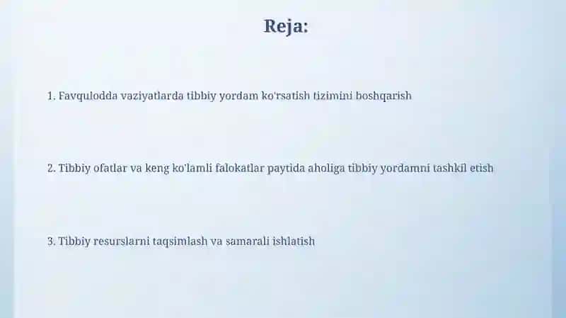 Tibbiy ofatlar va katta falokatlarda tibbiy yordam 2