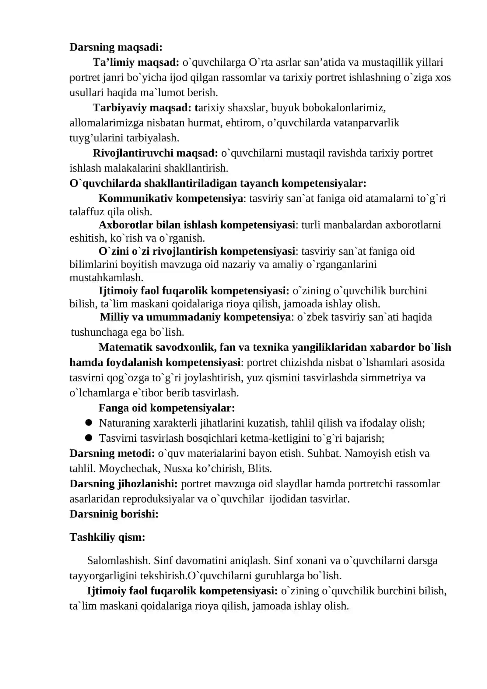 6-sinf Tasviriy san'at Tarixiy mavzuda portret ishlash dars ishlanma 2