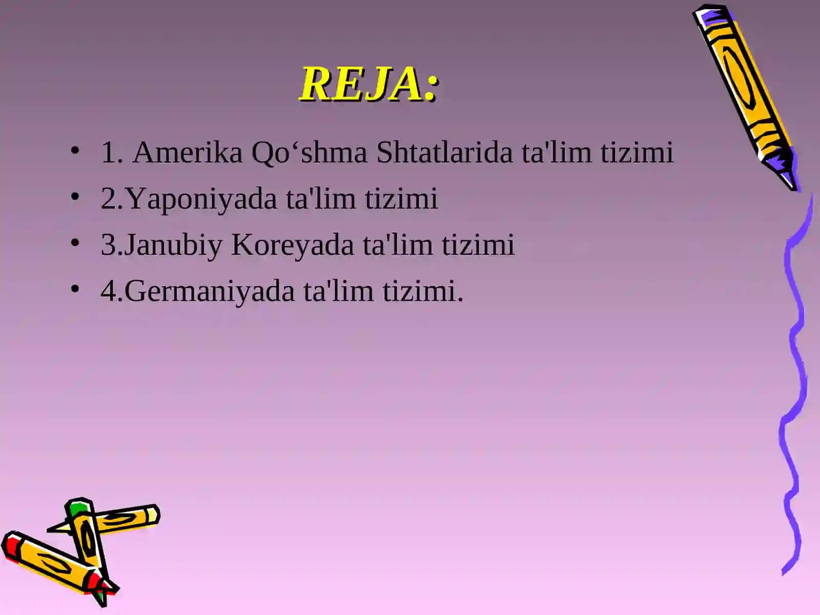 XIX asrning 2 yarmi - XX asrda jahon pedagogika fanining rivoji.Hozirgi davrda jahon mamlakatlari ta’lim tizimi va pedagogika fani rivoji.XX asr jahon ta’lim tizimidagi global tendensiyalar. Xalqaro loyihalar va ta’lim dasturlari 2