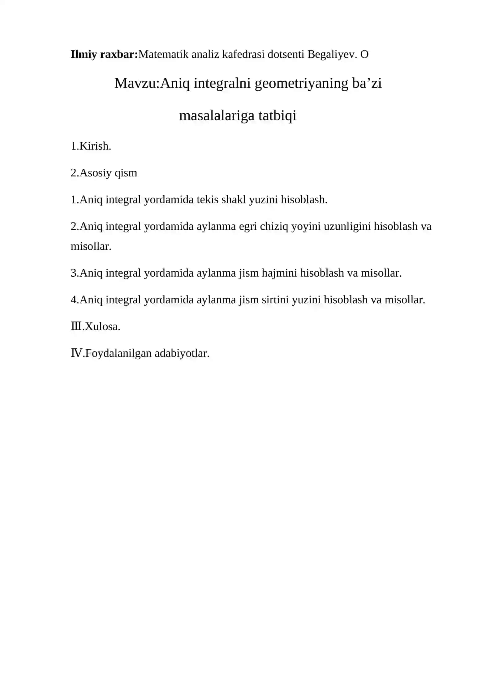 Aniq integralni geometriyaning ba’zi masalalariga tatbiqi 2