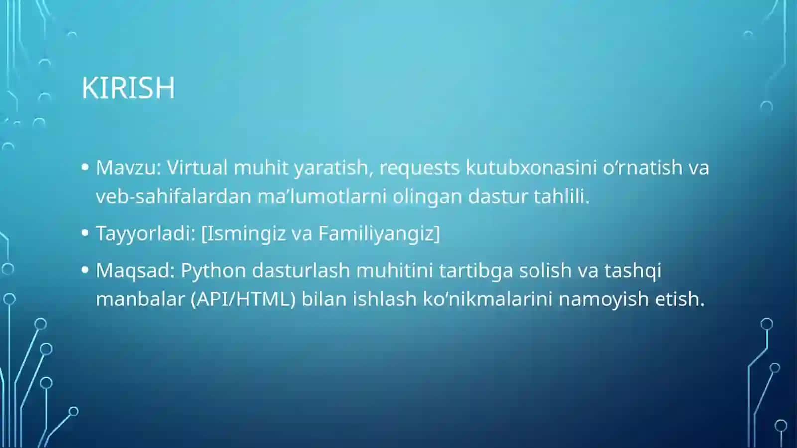 Virtual muhit yaratish, requests kutubxonasini o‘rnatish va ma’lumotlarni olish 2