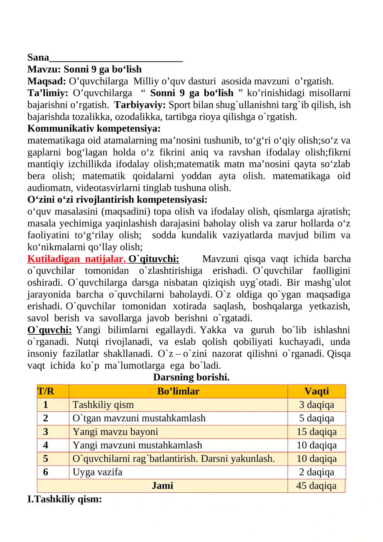 Sonni 9 ga bo‘lish mavzusida 2-sinf matematika fanidan dars ishlanmasi 2