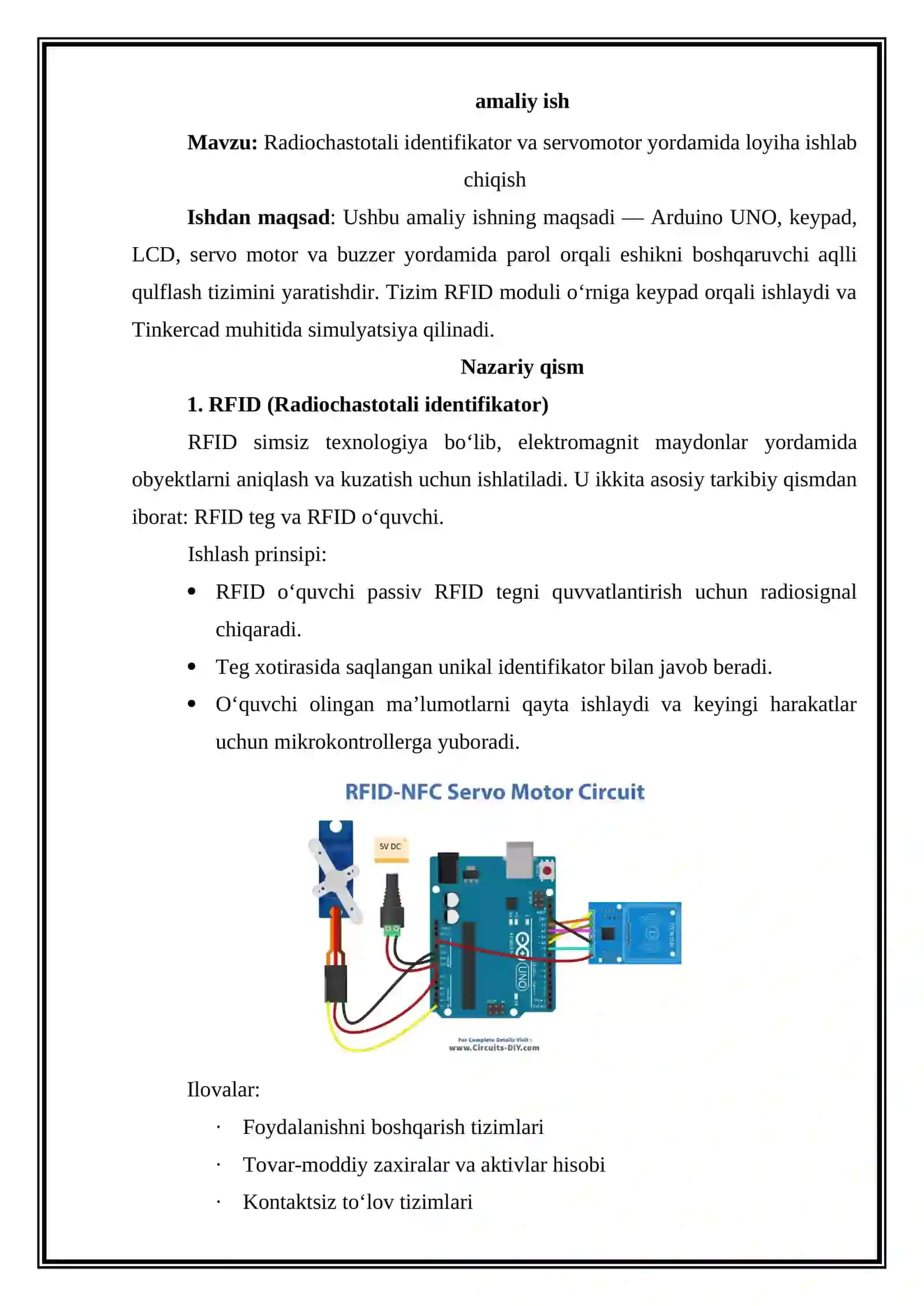 Radiochastotali identifikator va servomotor yordamida loyiha ishlab chiqish. Amaliy ish 2