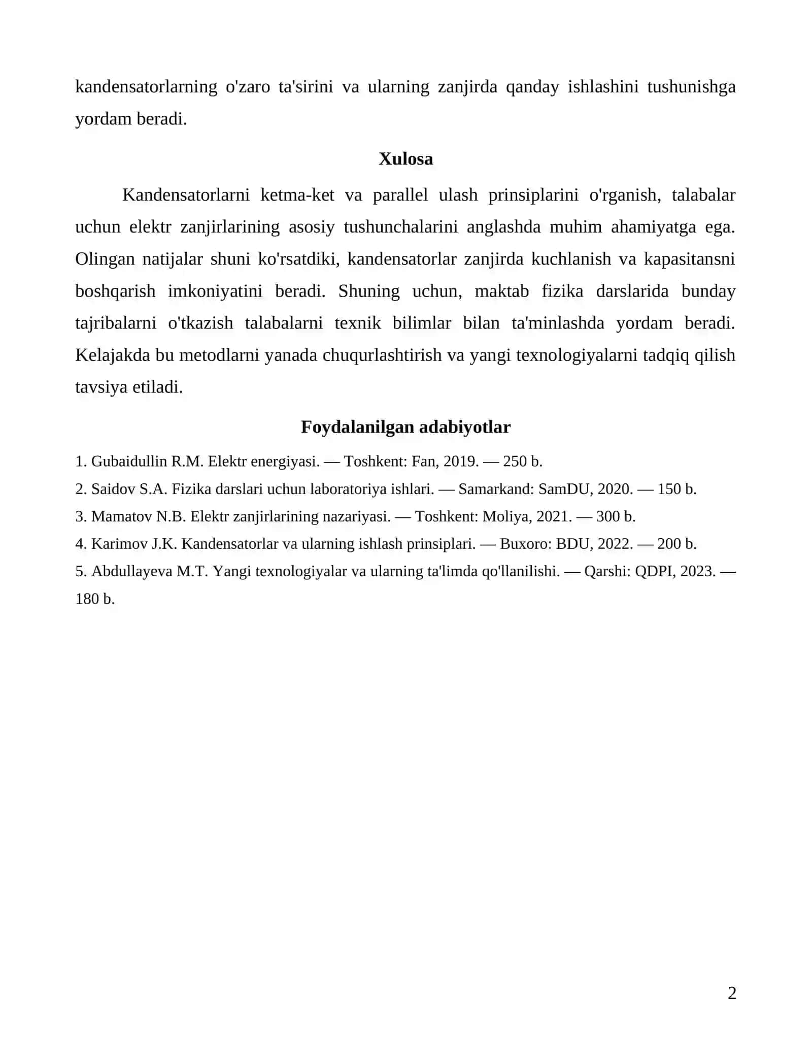 Kandensatorlarni ketma-ket va parallel ulash 2