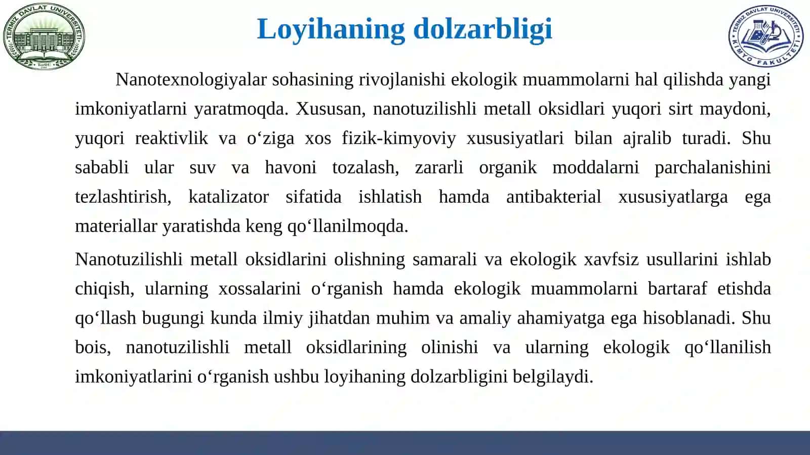 Nanotuzilish Limetalloksidlarining Olinishi va Ular Ning Ekoqo‘llanilishi 2