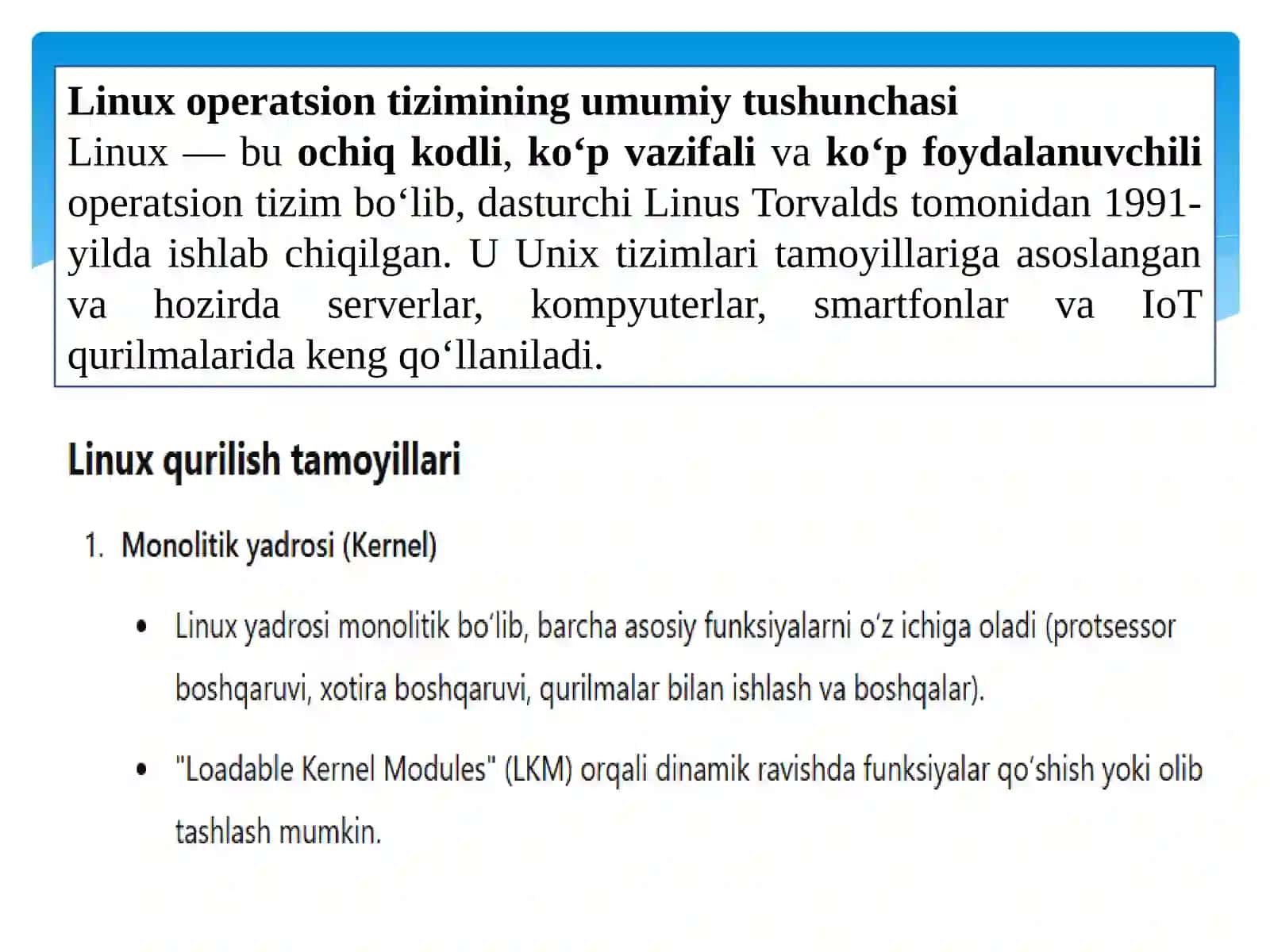 LINUX OPERATSION TIZIMI, QURILISH TAMOYILI VA AHAMIYATI 2