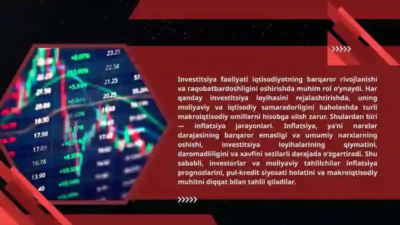 Investitsiya faoliyati iqtisodiyotning barqaror rivojlanishi va raqobatbardoshligini o‘shirishda muhim rol o‘ynaydi. 2