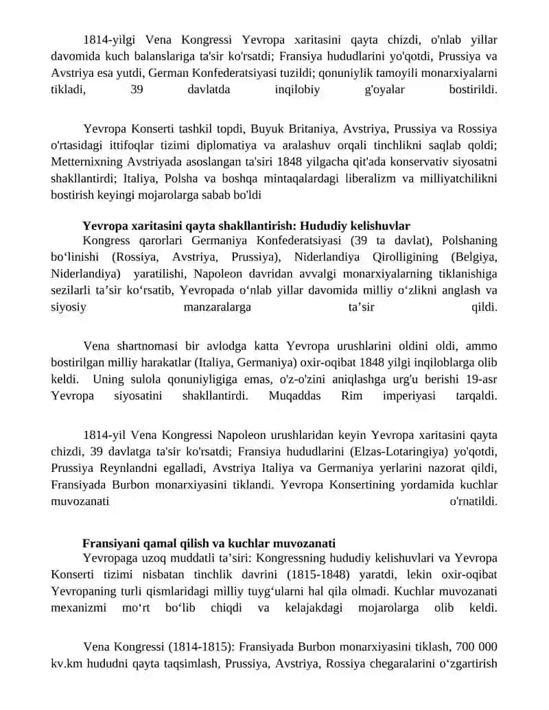 1814-yilgi Vena kongressi qarorlarining ahamiyati 2