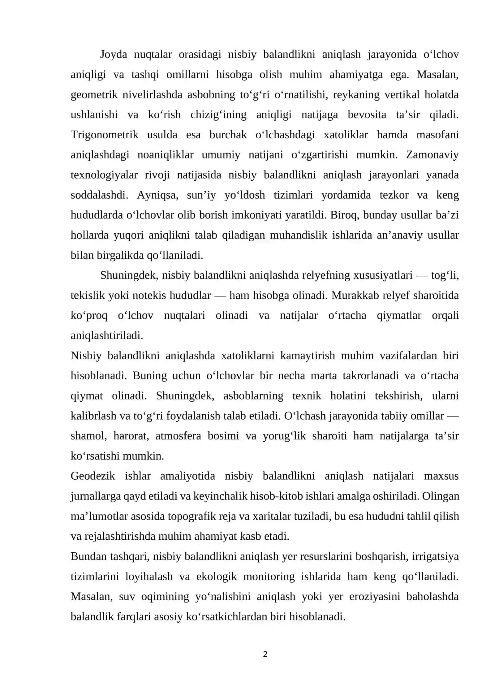 Joyda nuqtalar orasidagi nisbiy balandlikni aniqlash. 2