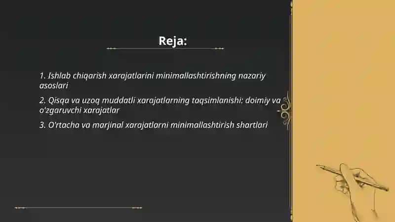 Ishlab chiqarish xarajatlarini minimalllashtirish shartlari va korxonaning zararsiz ishlash nuqtasini hisoblash yo'llari 2