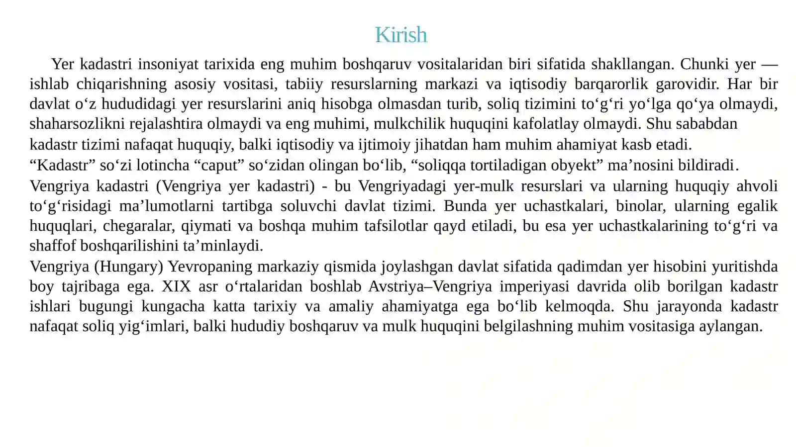 XORIJIY DAVLATLARDA KADASTR ISHLARINI YURITISH TAJRIBASINI O‘RGANISH VA ULARNI TAHRIR QILISH (Vengriya Xalq Respublikasi) 2