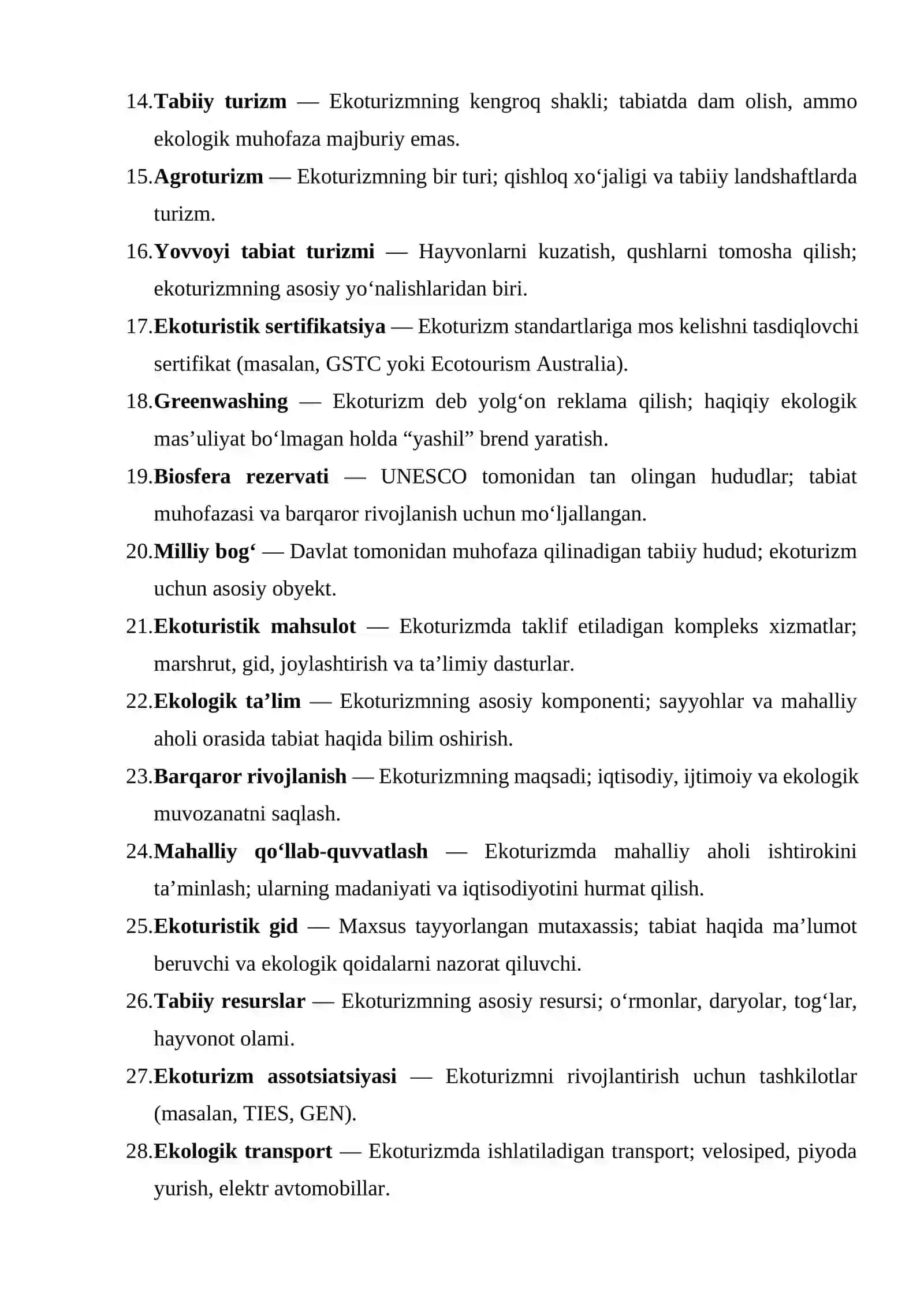 Ekoturizm mustaqil turizm industriyasi bo‘yicha Glossary (30 ta termin) 2