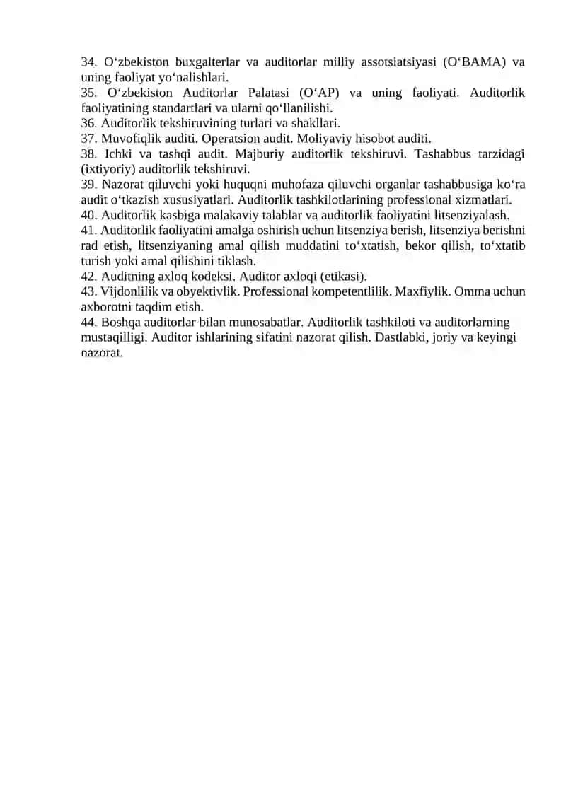 MUTAXASSISLIKKA KIRISH FANIDAN YAKUNIY NAZORAT SAVOLLARI 2