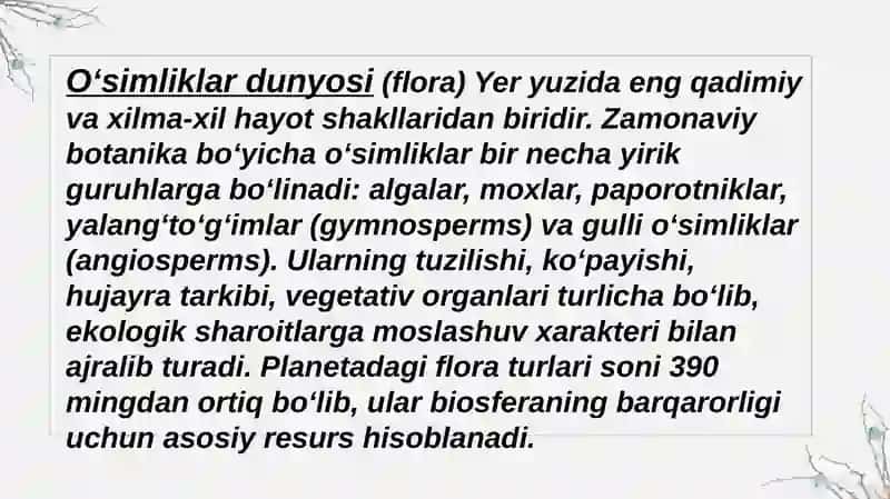 Oʻsimliklar dunyosi va ularni hayot tarzi haqidagi bilimlar 2