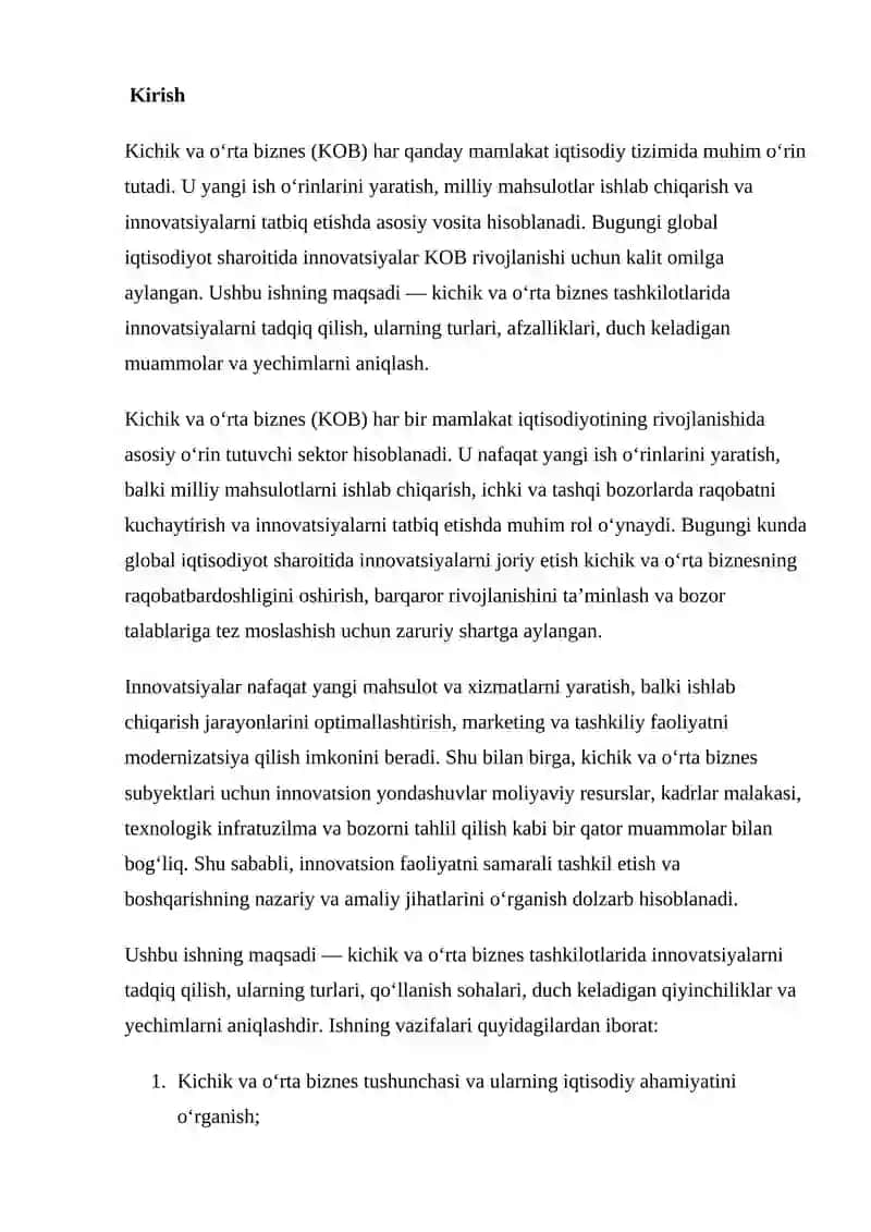 Kichik va o‘rta biznes tashkilotlari va innovatsiyalar 2