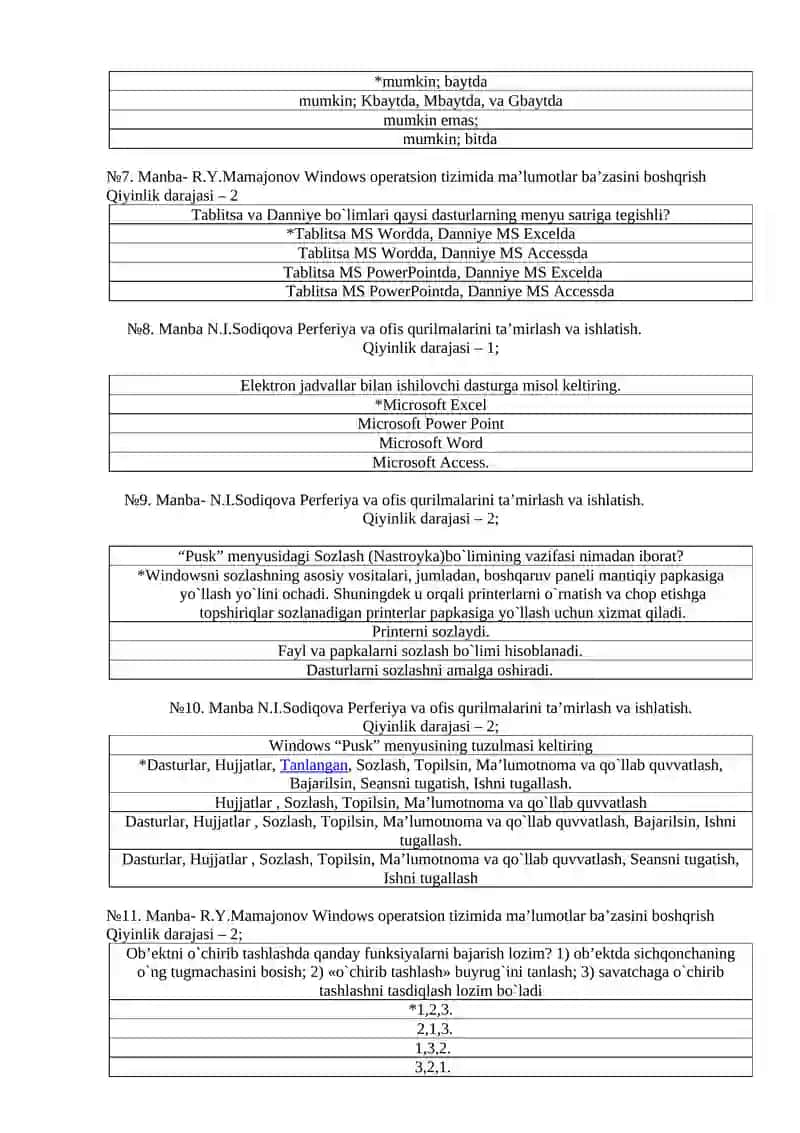 2026-yil Informatikadan atestatsiga tayyorgarlik ko'rish uchun 150 talik test javobi bilaan 2