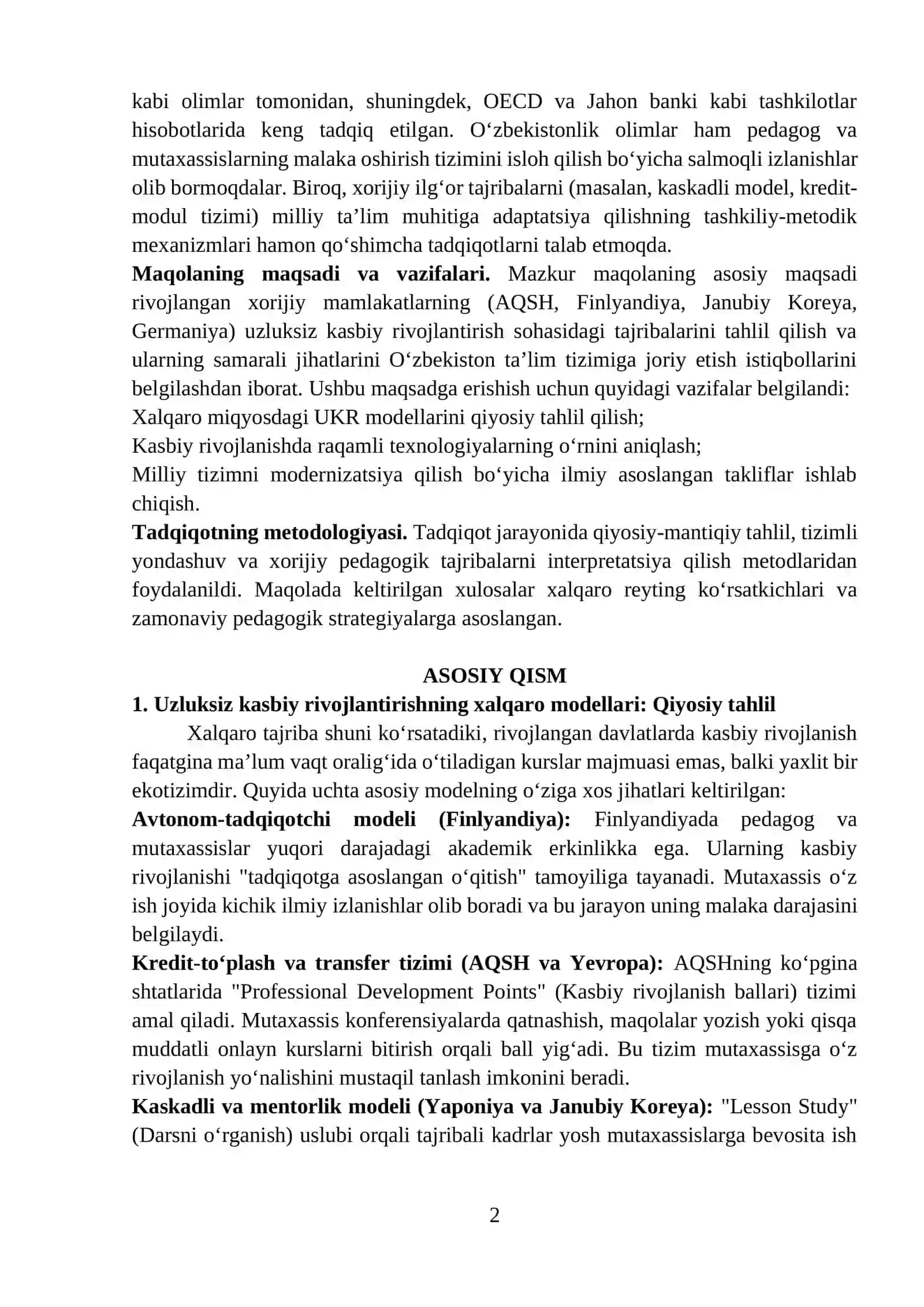 “XORIJIY TAJRIBALAR ASOSIDA UZLUKSIZ KASBIY RIVOJLANTIRISHNI TASHKIL ETISH ISTIQBOLLARI” 2