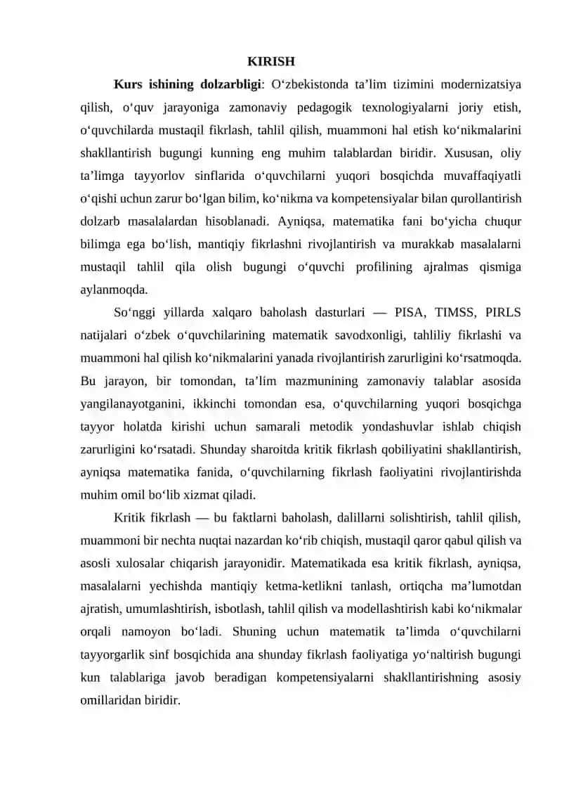 Oliy ta'lim yayyorlov sinflarida matematikadan kritik fikrlash qobiliyatini rivojlantirishga qaratilgan topshiriqlar tizimi. 2