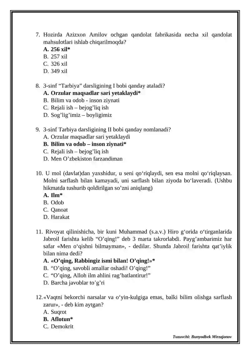 3-sinf “Tarbiya” fanidan testlar 2