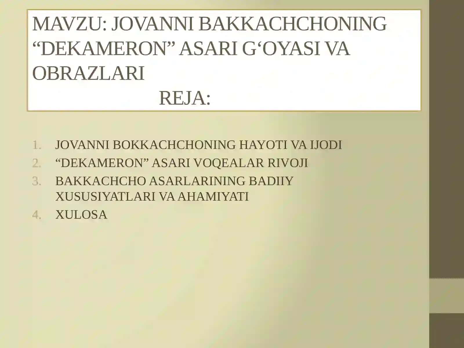 Jovanni Bakkachchoning Dekameron asari g`oyasi va obrazlari 2
