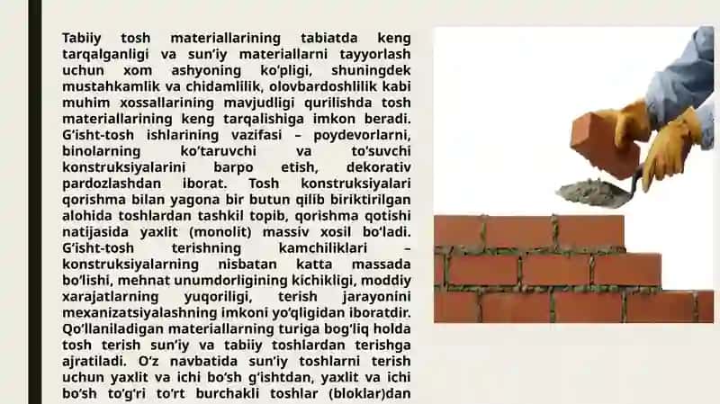 G’isht, tosh terimi sifat nazorat va G’isht, tosh ishlarida mehnatni  muhofaza qilish 2