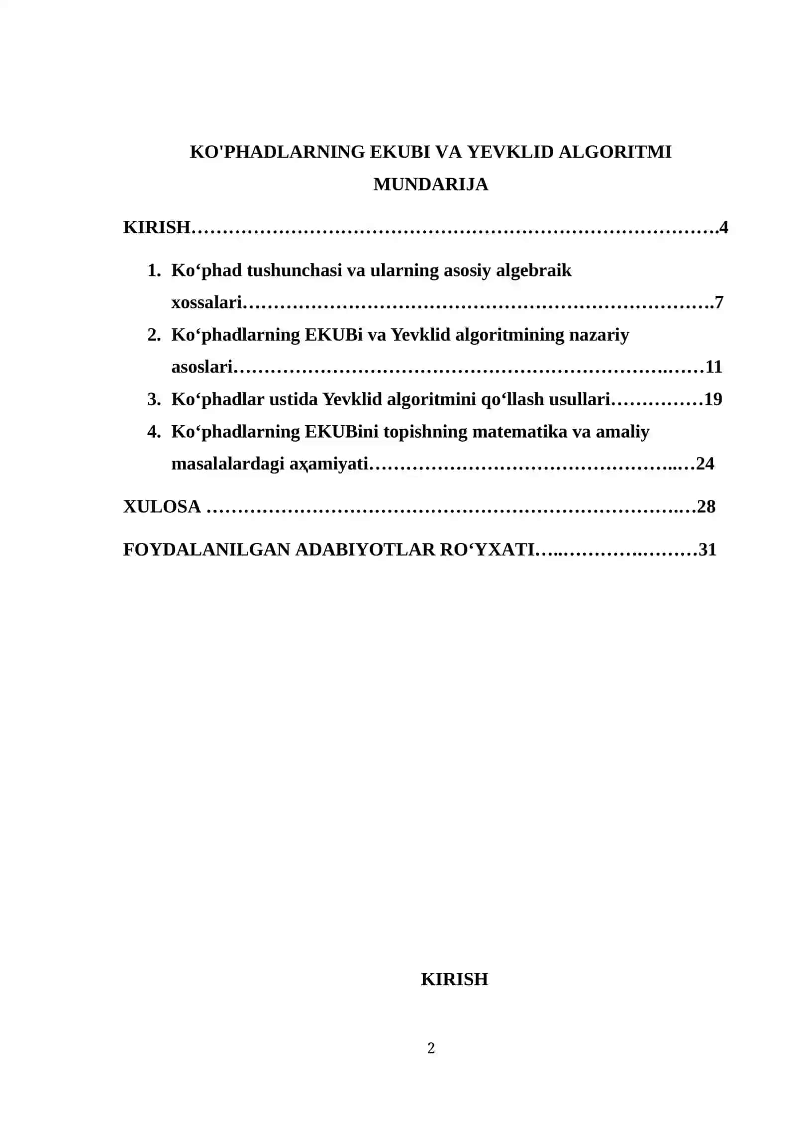 Ko'phadlarning EKUBI va Yevklid algoritmi 2