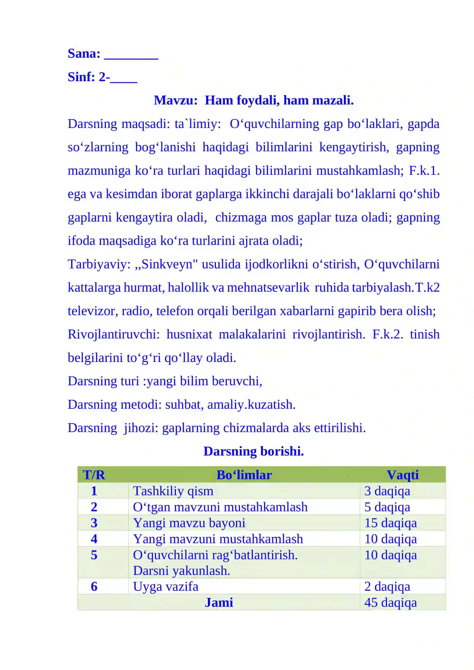 2-sinf Ona tili fanidan Ham foydali, ham mazali dars ishlanma 4-chorak 2