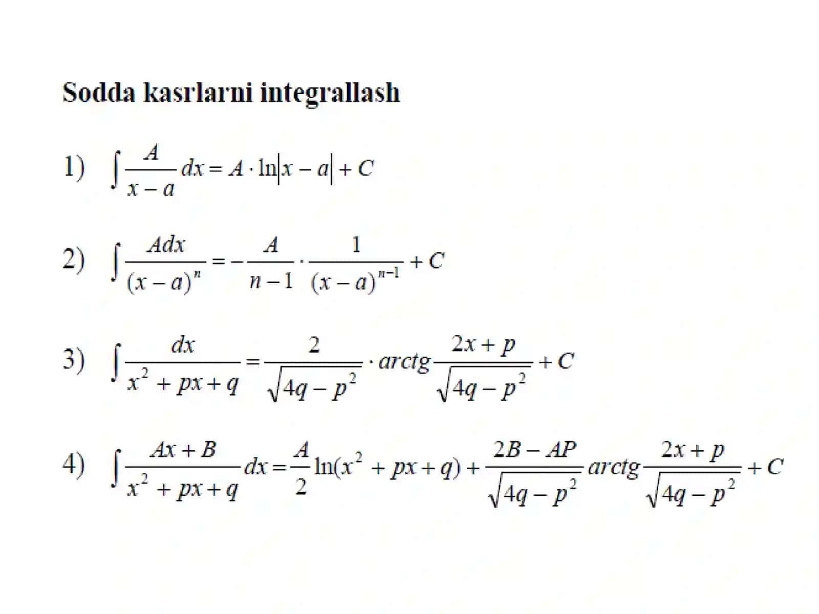 Kasr-ratsional funksiyalarni sodda kasrlarga ajratish. Kasr-ratsional funksiyalarni integrallash 2