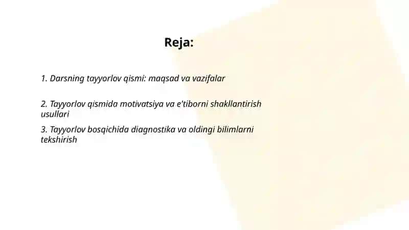Darsning asosiy komponentlari tayyorlov asosiy va yakuniy qisimlari davlat talim standart dasturi taxlili 2